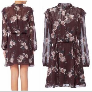 Intermix Madeline Silk Floral Purple Brown Long Sleeve short Dress Size 2